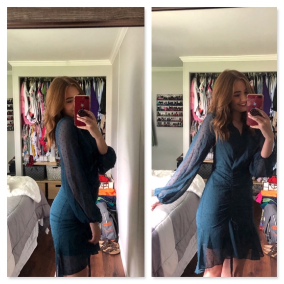 Polka Dot Ruffle Ruched V-Neck Sheath Green Dress - Picture 8 of 8